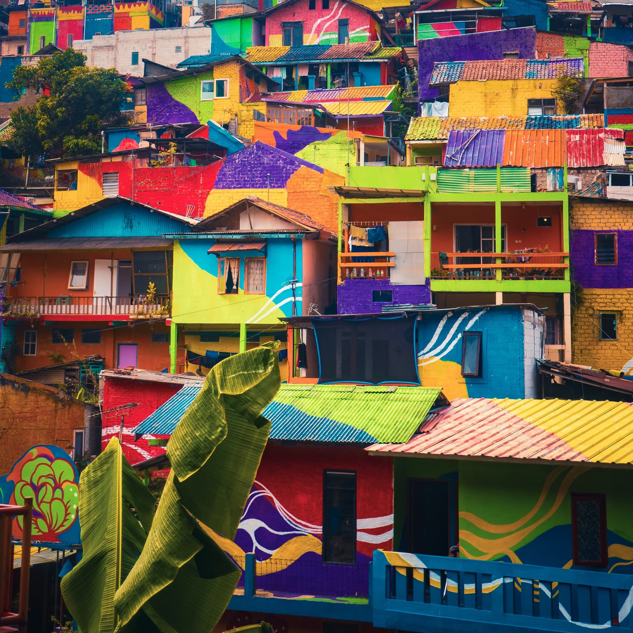 Colourful painted homes on a hillside