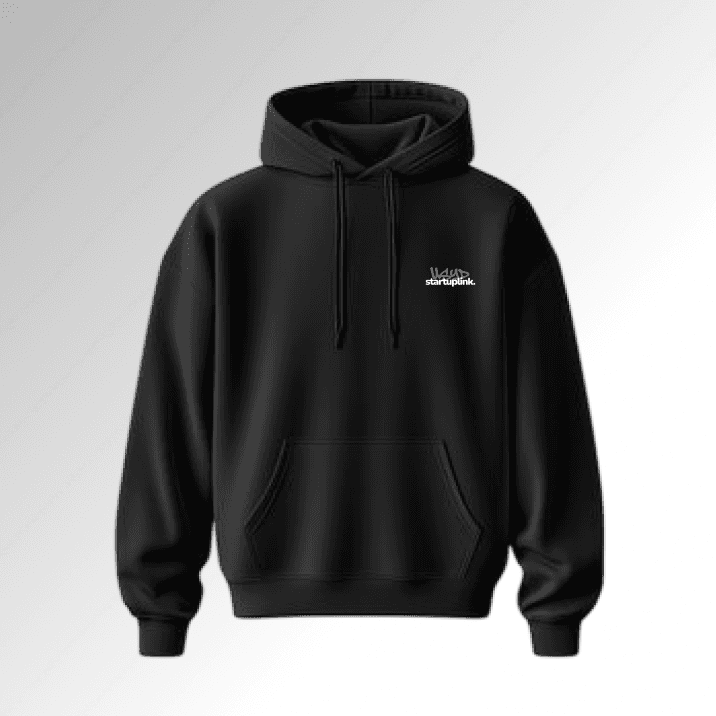 Black StartUpLink hoodie with a small chest mark